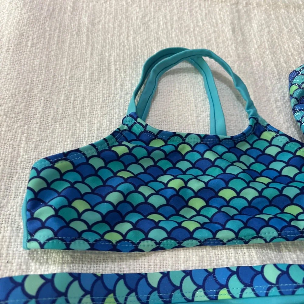 OP & Wonder Nation Girls Swimsuit Bundle Mermaid Tail Leopard Blue XS 4-5 5pc